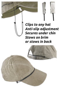 Capsurz® Cap Retainer clips to inside hat band